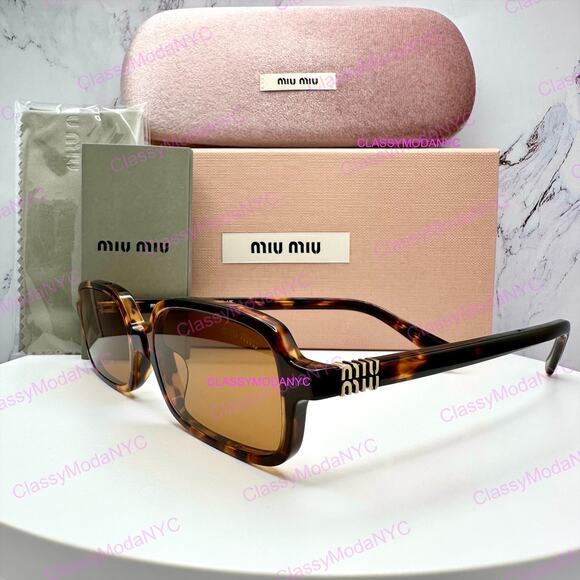 New MIU MIU Sunglasses Brown Tortoise Slim Rectangular Acetate Logo Authentic main image 9